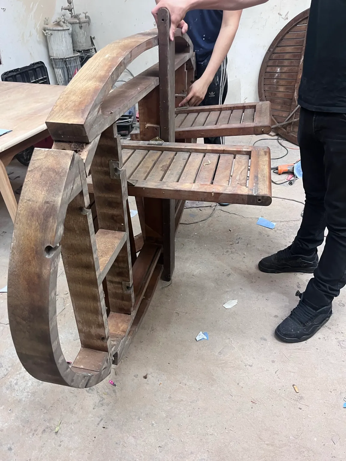 Outdoor table disassembled during restoration