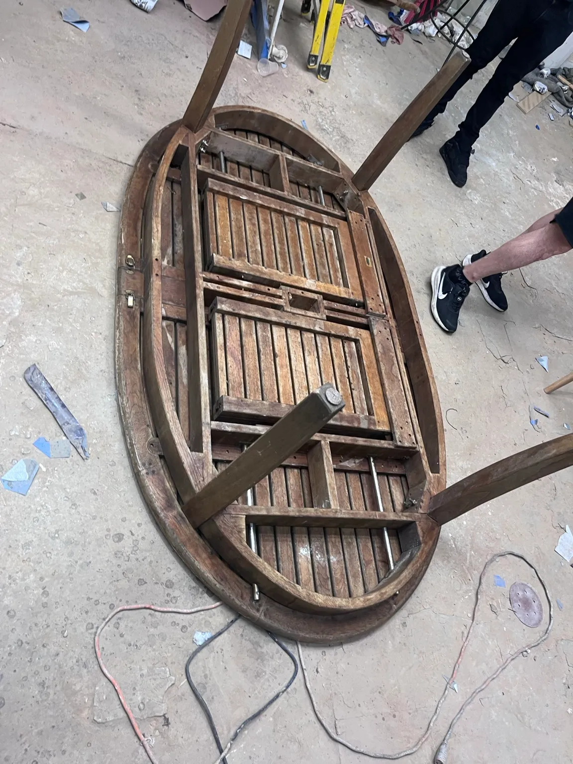 Outdoor table during restoration process